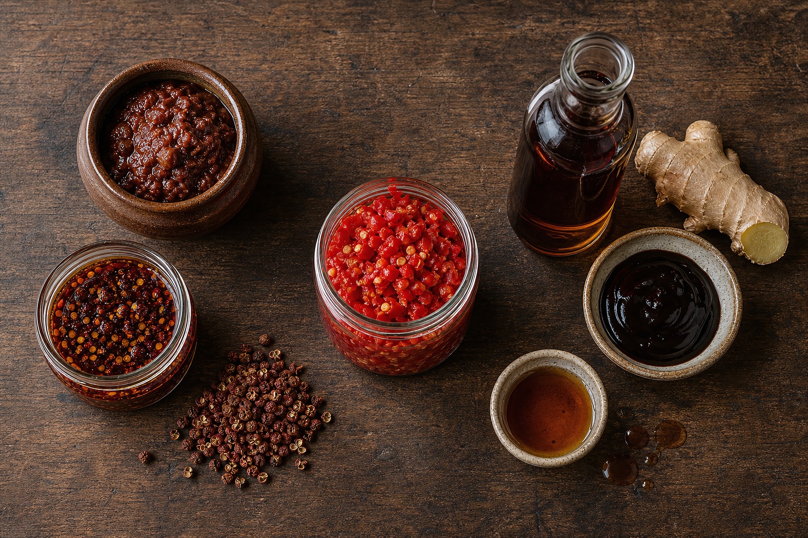 Regional Chinese pantry staples: Pixian doubanjiang and chili oil, Hunan duo jiao, and Cantonese soy and oyster sauce