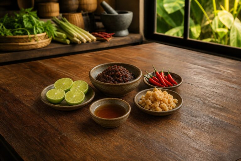 The four axes of Southeast Asian flavor balance — fresh limes, fish sauce, palm sugar, and red chilies with shrimp paste — on a Thai kitchen table