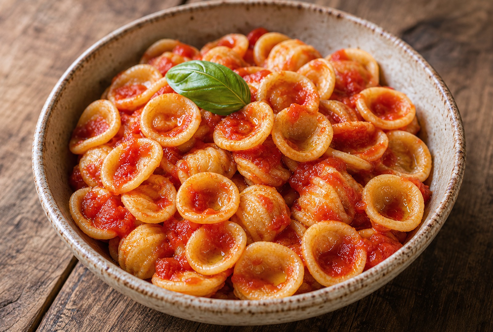 Southern-Italian orecchiette in a bright tomato and olive-oil sauce with a basil leaf