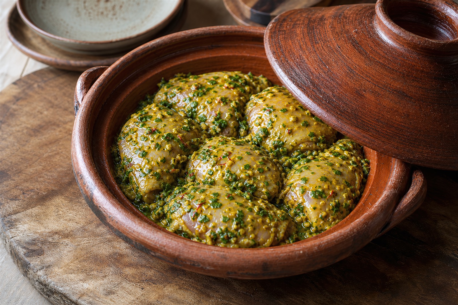 Step 1: bone-in chicken thighs coated in a deep saffron-yellow chermoula paste sitting i