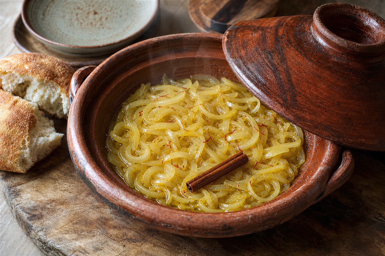 Step 2: thinly sliced yellow onions softening into golden smen in a clay tagine base ove