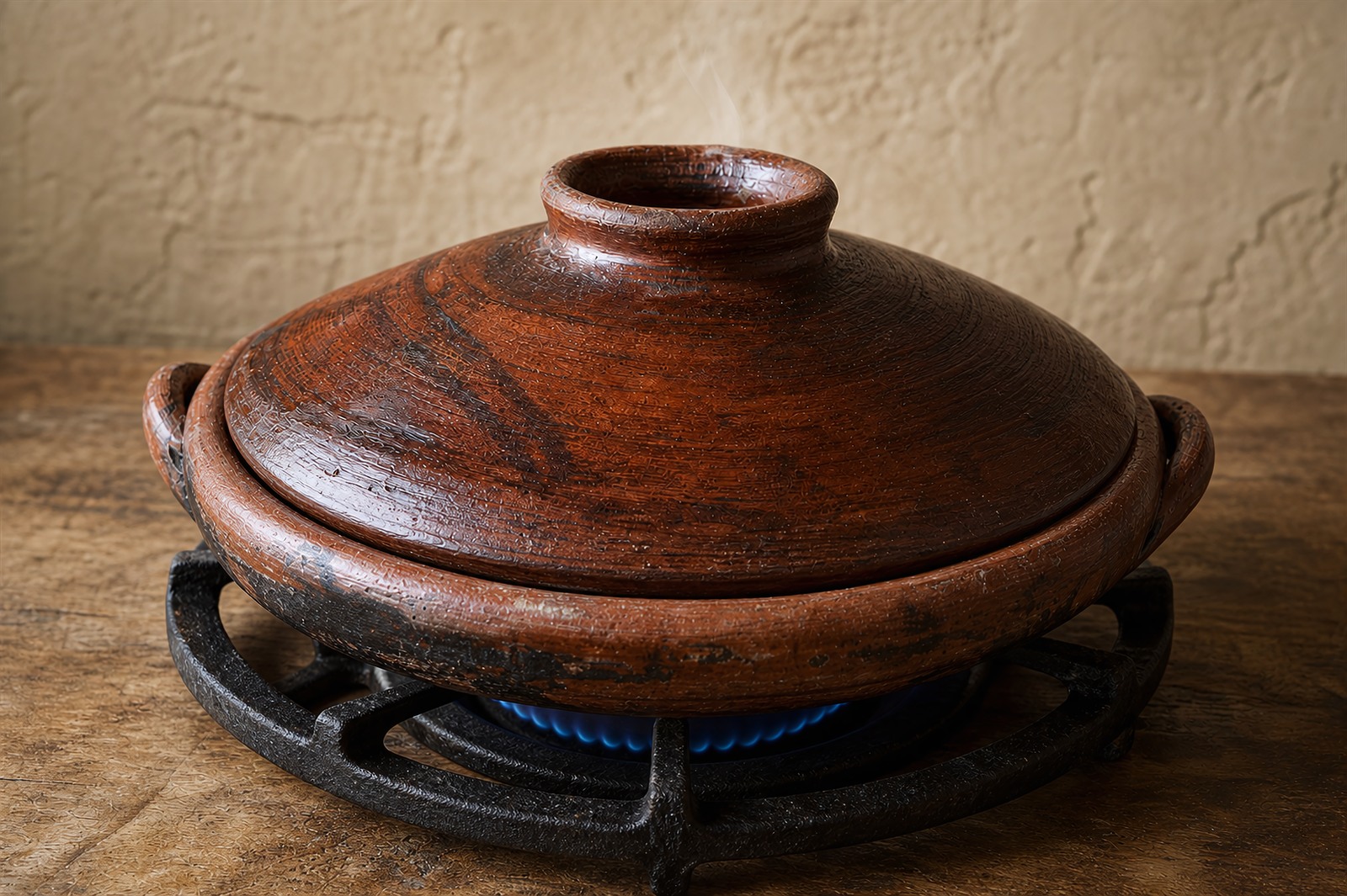 Step 3: a closed clay tagine with conical lid on a gas burner with a tiny blue flame, fa