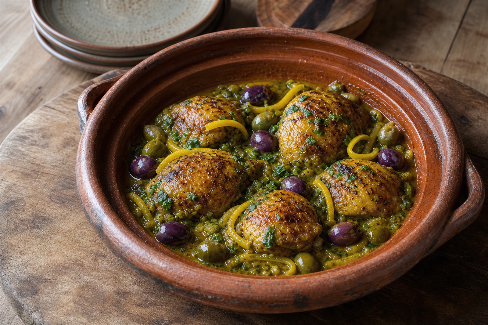 Step 4: a clay tagine with glossy reduced saffron-yellow sauce, chicken thighs, strips o