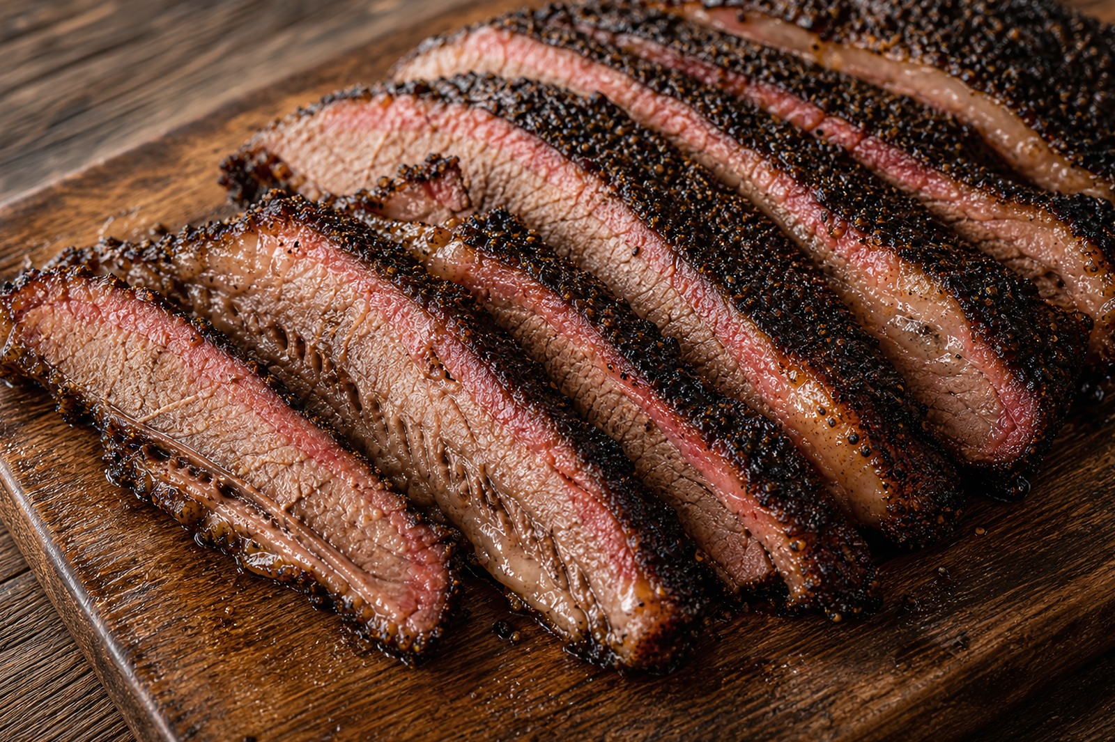 Central Texas smoked beef brisket sliced to show the pink smoke ring under a black-pepper bark