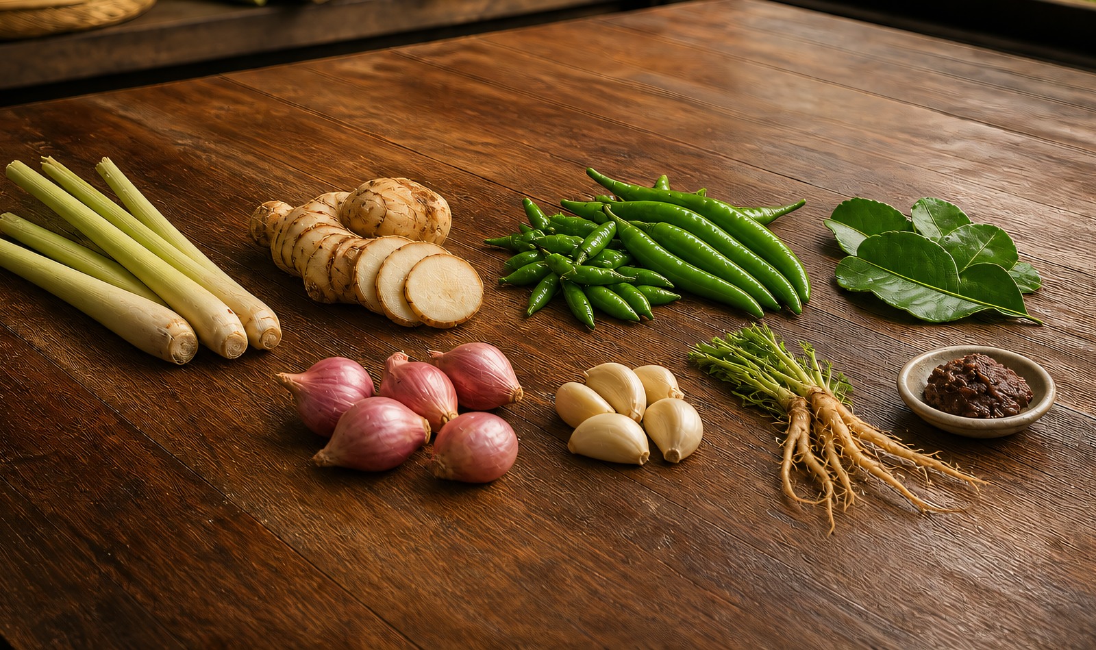 Mise en place for Thai green curry paste: lemongrass, galangal, green chillies, kaffir lime, shallots, garlic, coriander root and shrimp paste sliced and laid out on a teak counter