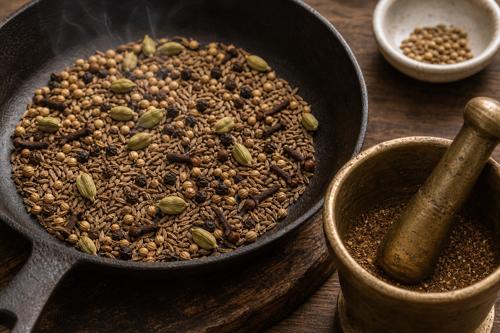 Whole spices toasting in a cast-iron pan beside a mortar and pestle of freshly ground spice