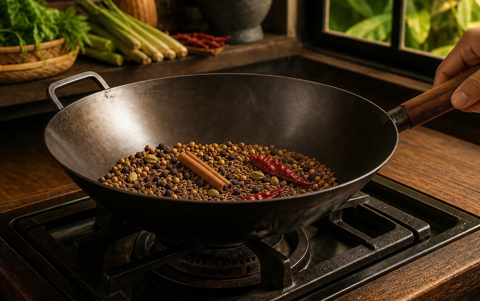 Whole South Asian spices dry-toasting in a heavy iron pan with no oil