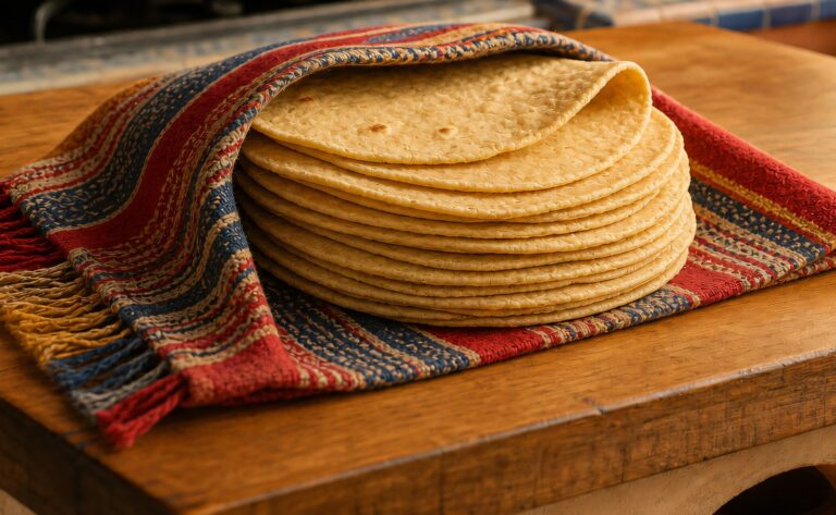 A stack of warm freshly-made corn tortillas wrapped in a colourful woven Mexican cloth