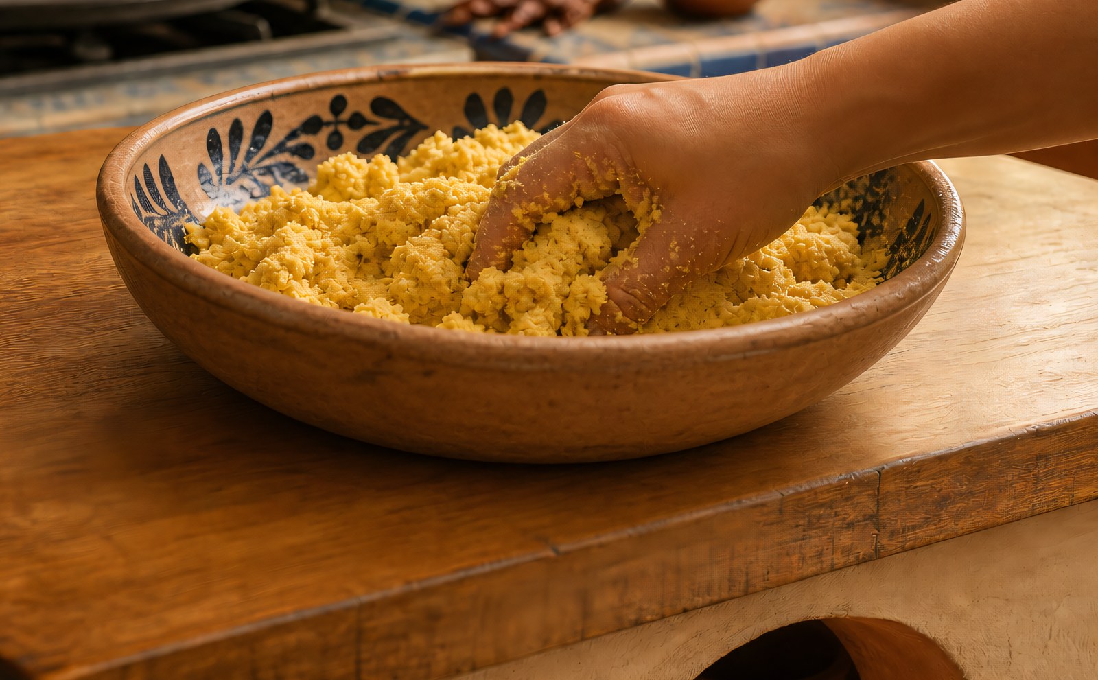 Step 2: a wide ceramic bowl with shaggy yellow masa dough being mixed by hand, warm side