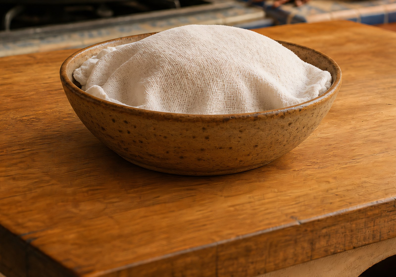 Step 4: a bowl of smooth masa dough covered with a damp white linen towel resting on a w