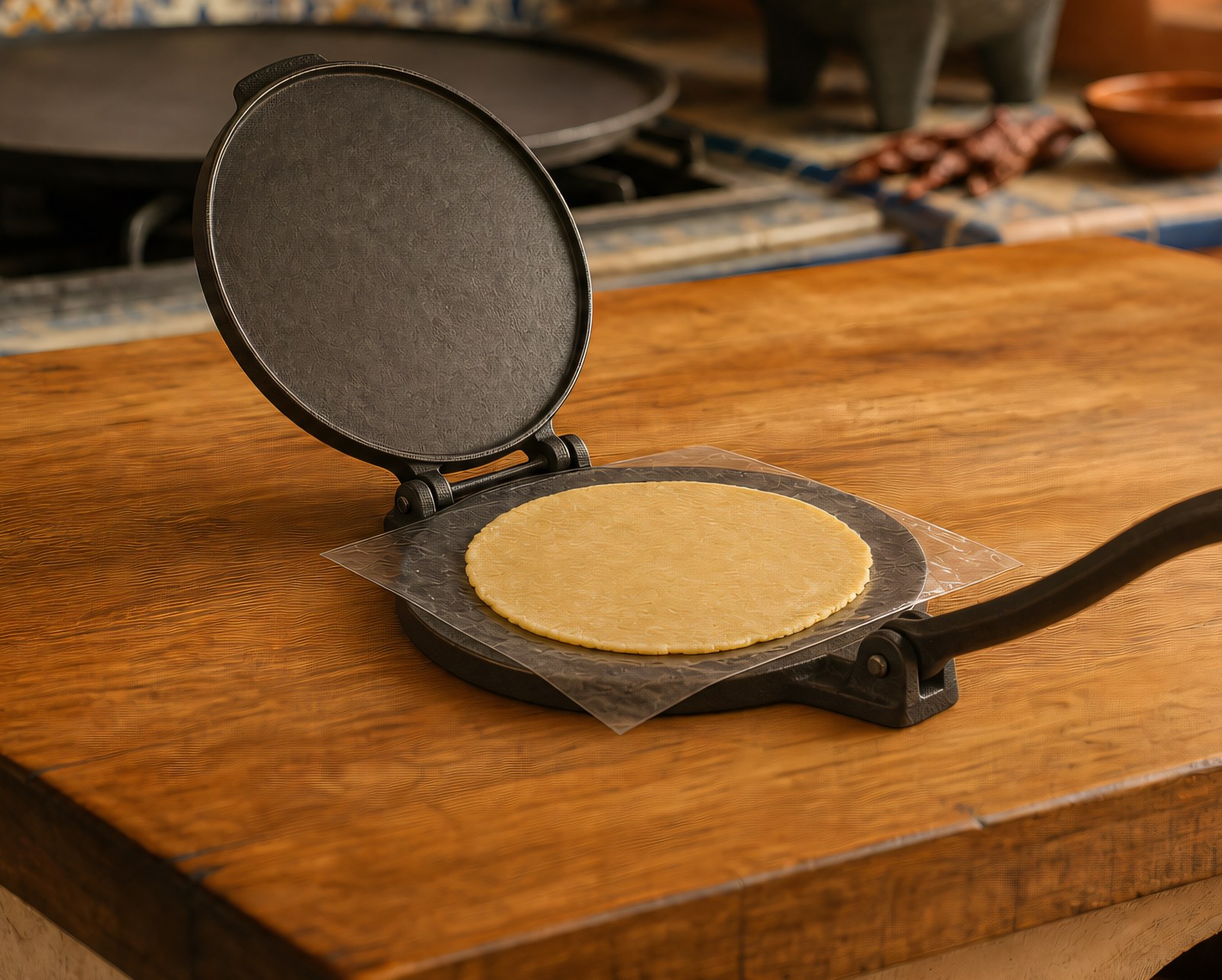 Step 7: a freshly pressed thin corn tortilla on a square of clear plastic resting on a c