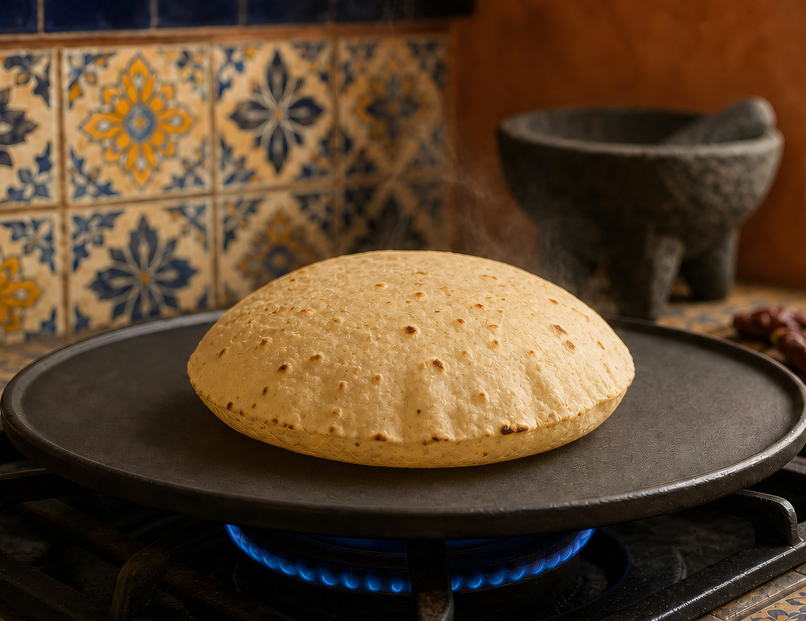 Step 9: a corn tortilla puffing up dramatically on a hot black cast iron comal, visible 