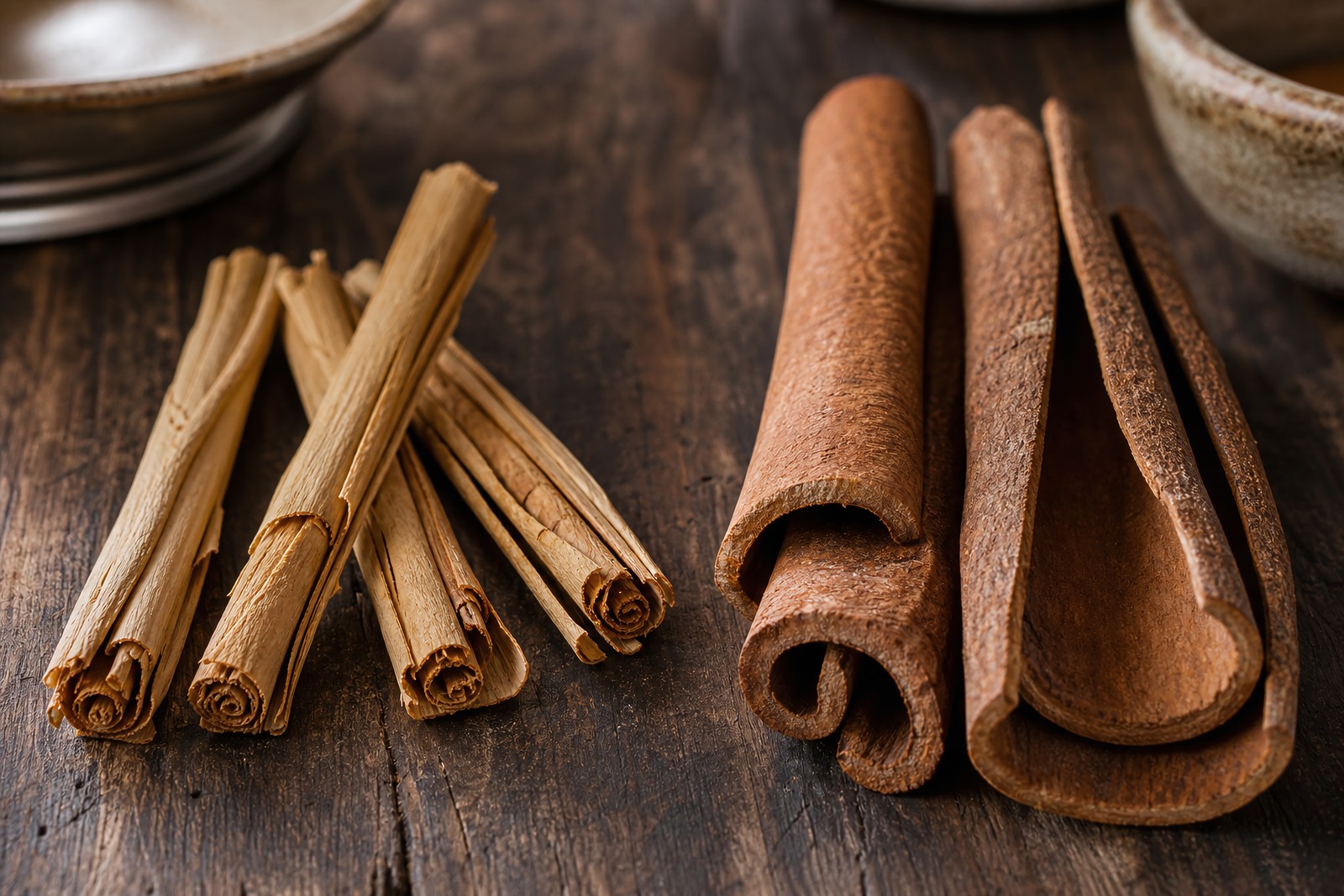 Soft true Sri Lankan cinnamon quills beside thicker, harder cassia bark