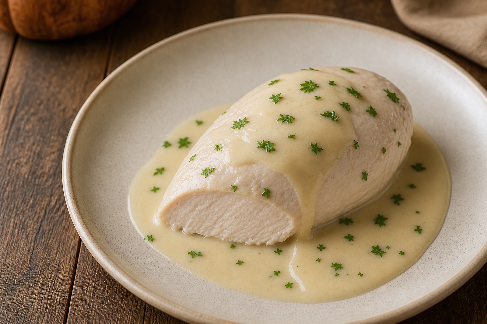 Pale ivory veloute sauce napped over gently poached chicken, a classic fricassee