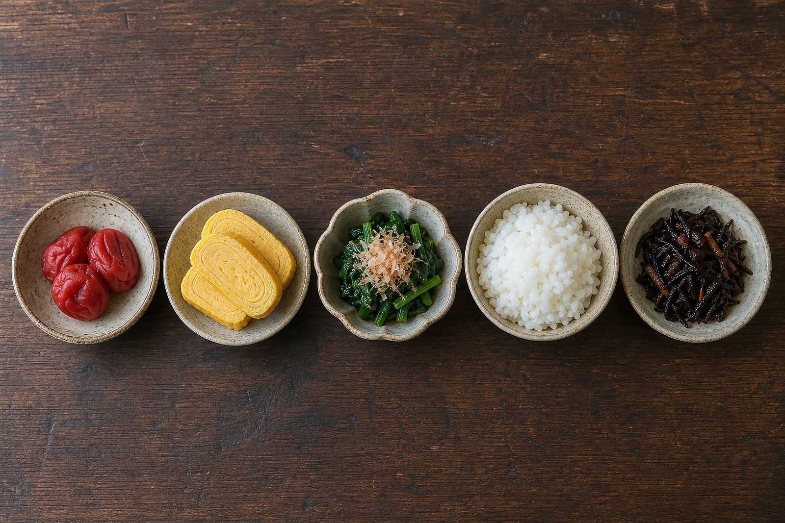 Five small Japanese dishes each a different colour illustrating the washoku five-colour principle