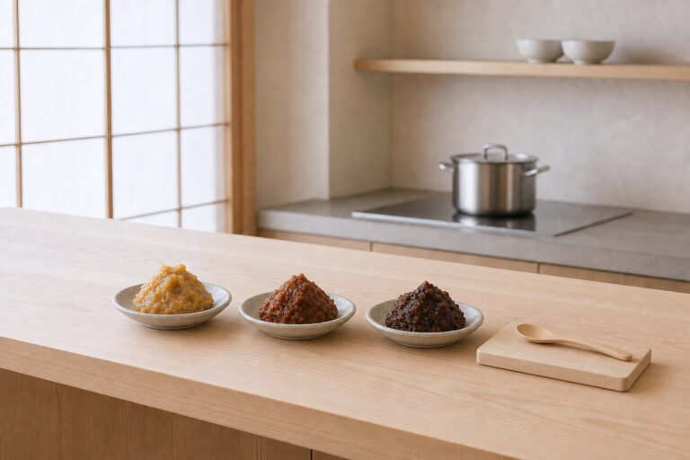 Three bowls of miso paste - white shiro, red aka and dark mixed - on a pale hinoki counter in a minimal Japanese kitchen