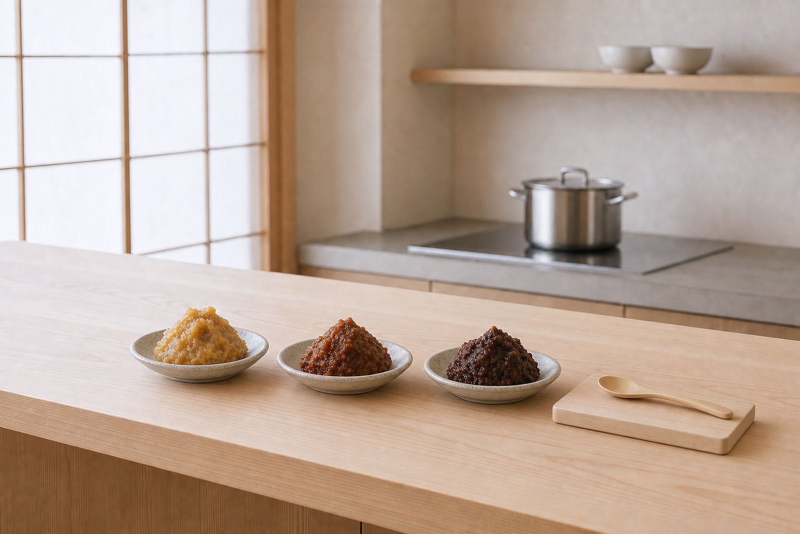 Three bowls of miso paste - white shiro, red aka and dark mixed - on a pale hinoki counter in a minimal Japanese kitchen