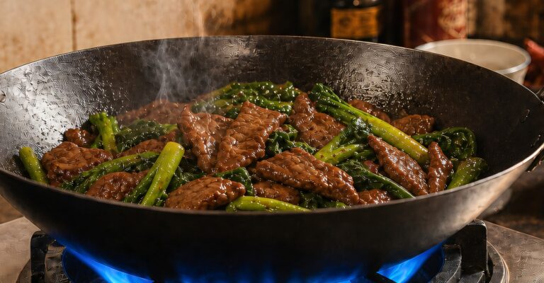A finished stir-fry of beef and Chinese broccoli with glossy wok-hei sheen in a carbon-steel wok over a blue flame