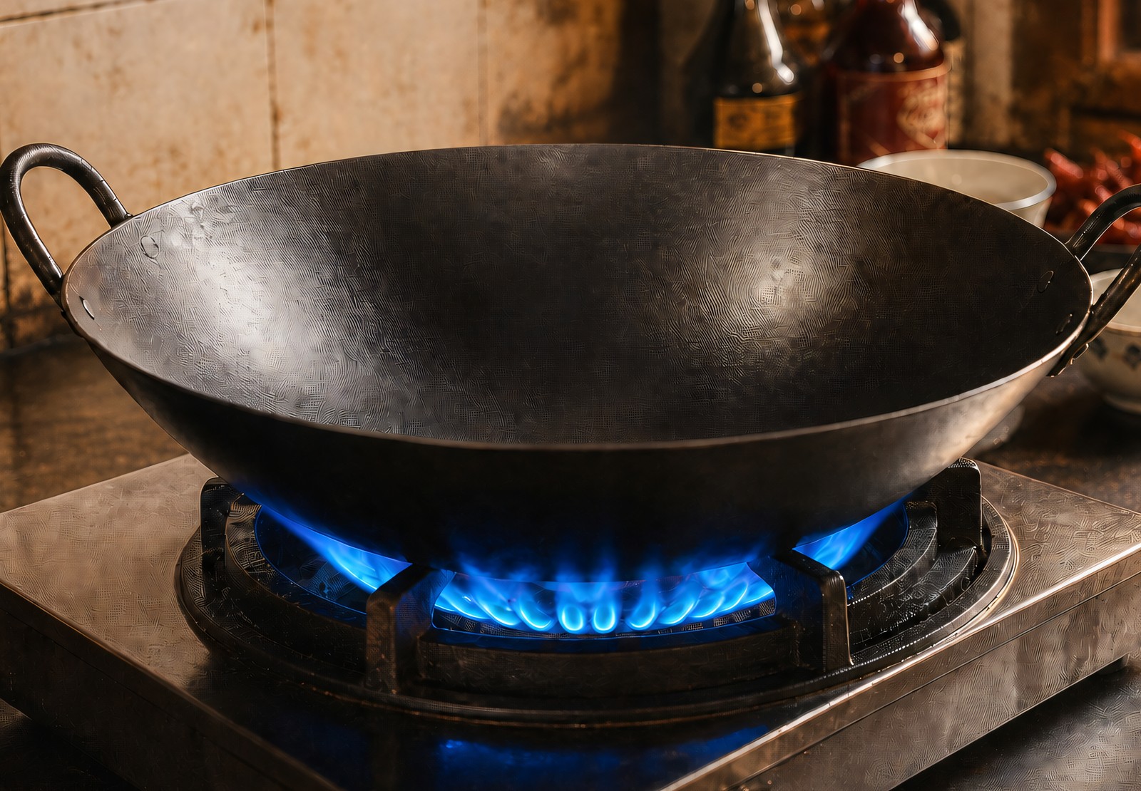 Step 1: an empty black carbon steel wok glowing faintly over a high blue gas flame, a si