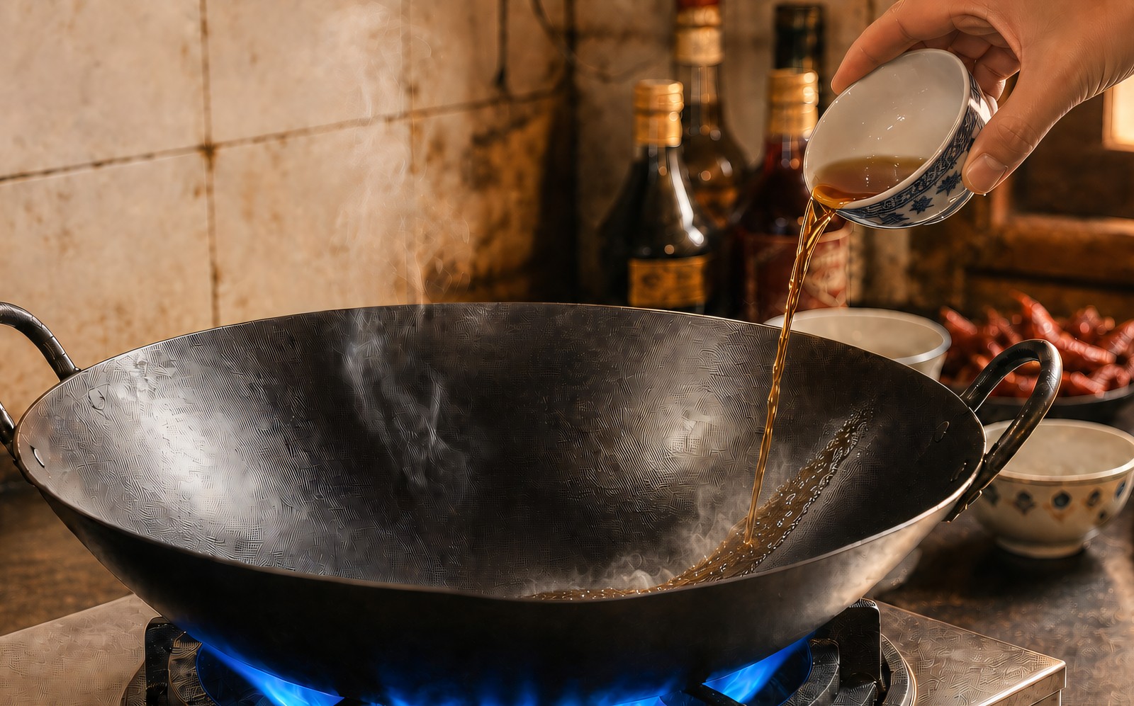Step 4: Shaoxing wine being poured down the hot inner wall of a smoking carbon steel wok