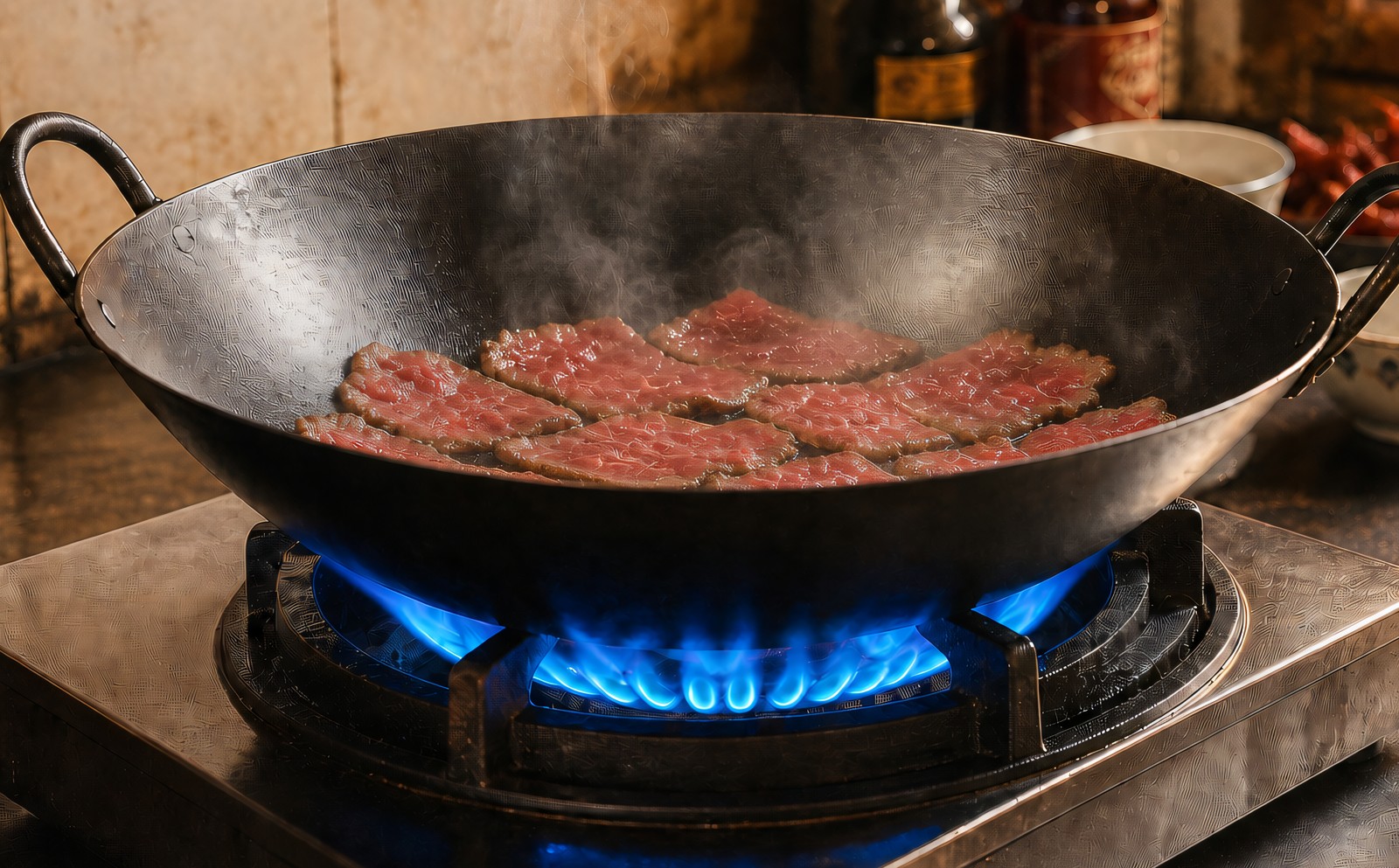 Step 5: slices of beef seared in a single layer against the dark patina of a hot carbon 