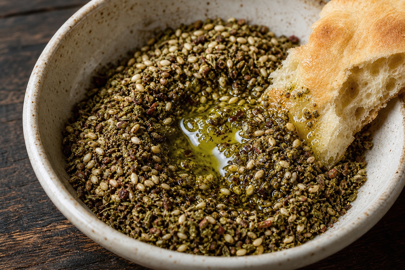 A bowl of za'atar - dried wild thyme, dark-red sumac and toasted sesame - with olive oil and flatbread