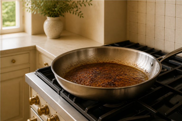 close-up of dark amber browned crust on the base of a stainless steel skillet after searing chicken 