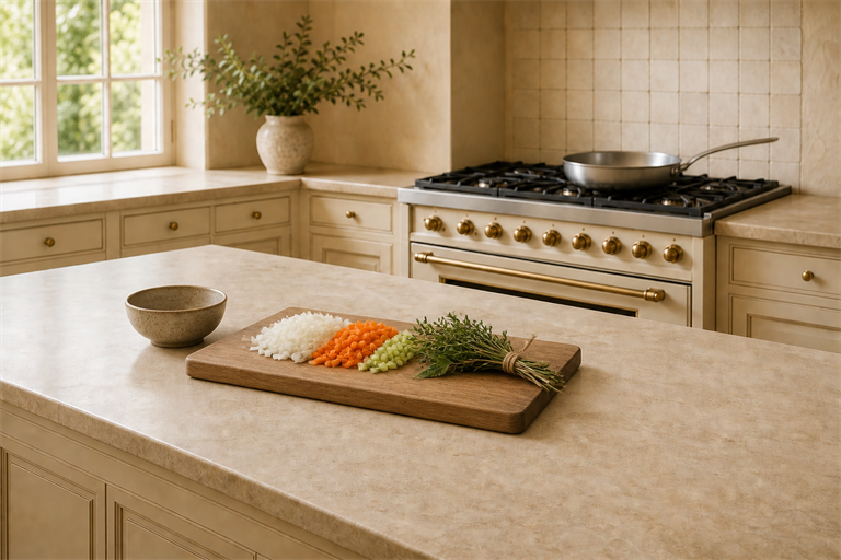 a small pile of finely diced onion, carrot, and celery in a 2:1:1 ratio on a wooden board next to a 