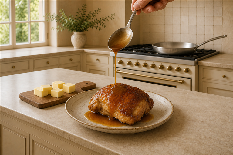 a stream of glossy amber pan sauce being spooned over a crisp-skinned chicken thigh in a rustic cera