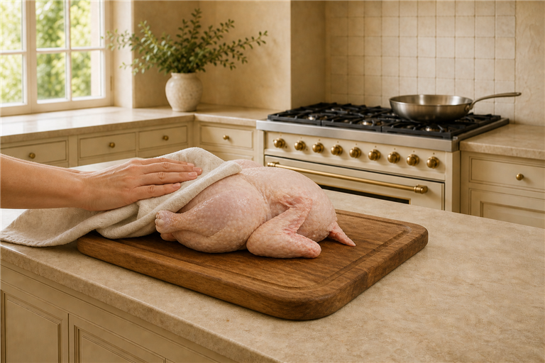 Step 1: a whole farm chicken resting on a wooden board being patted dry with a linen clo