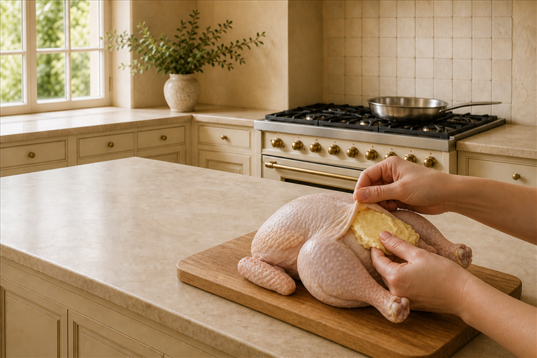 Step 2: hands gently sliding softened butter under the breast skin of a whole chicken on