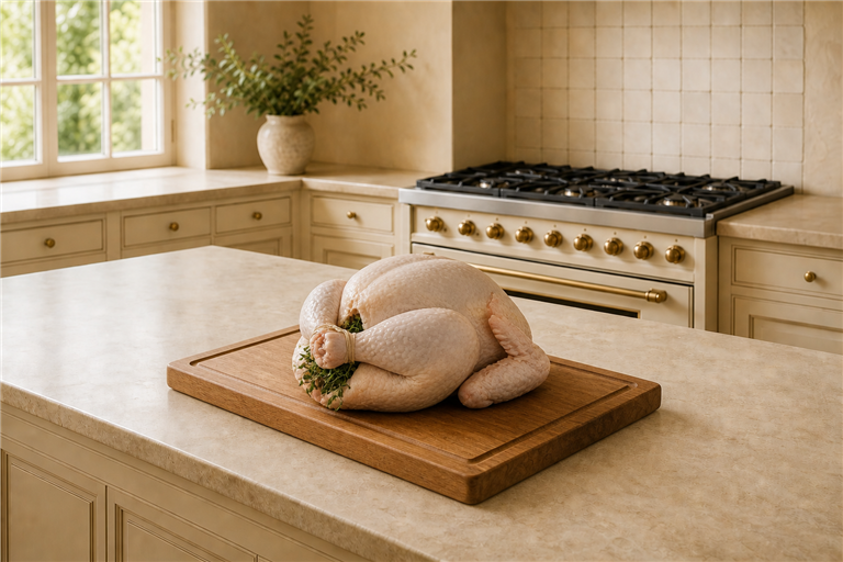 Step 3: a trussed whole chicken on a wooden board, legs pulled tight against the breast,