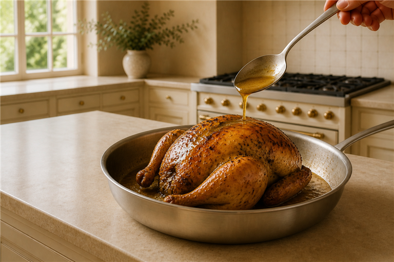 Step 5: a whole chicken partway through roasting in a heavy tin, deep golden skin, a spo