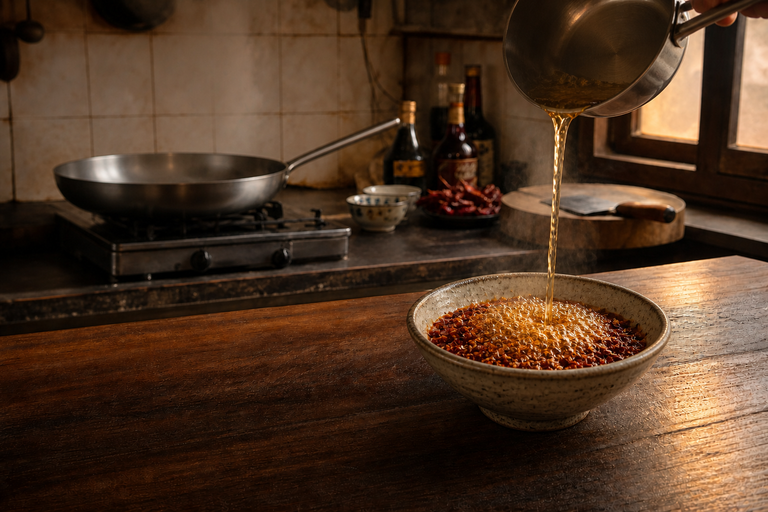 Step 2: hot infused oil being poured over coarse red Sichuan chili flakes and sesame see
