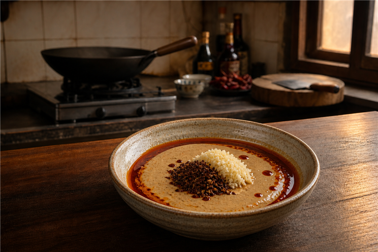 Step 5: shallow ceramic bowl with sesame paste loosened by hot water, red chili oil pool