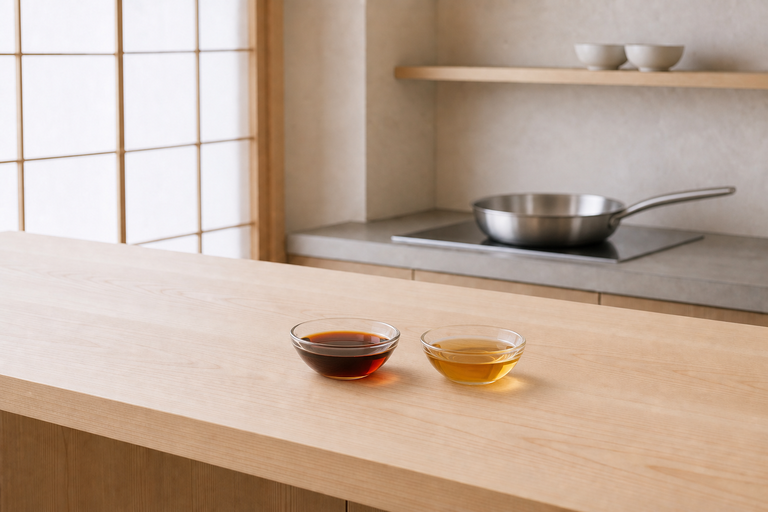 two small clear glass dishes on a warm walnut counter, left dish holding dark reddish-brown koikuchi