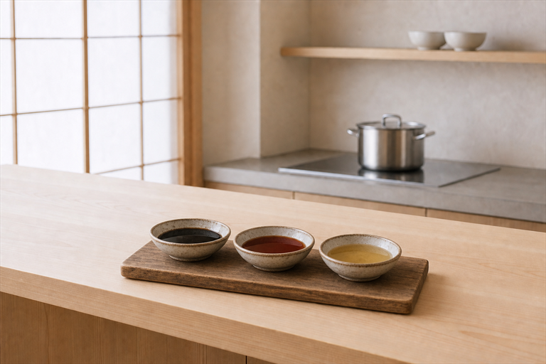 three tiny ceramic sauce dishes lined up on a rustic wooden board, left dish holding thick dark tama