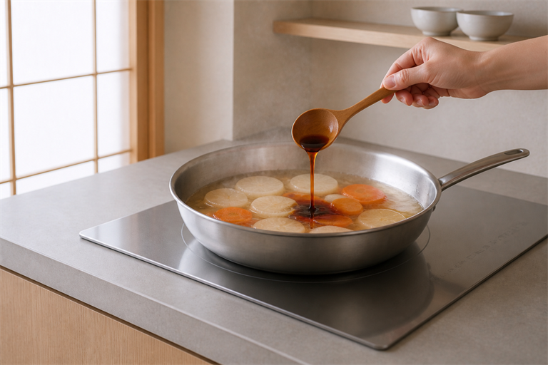 overhead view of a small wooden measuring spoon pouring dark koikuchi shoyu into a simmering pot of 