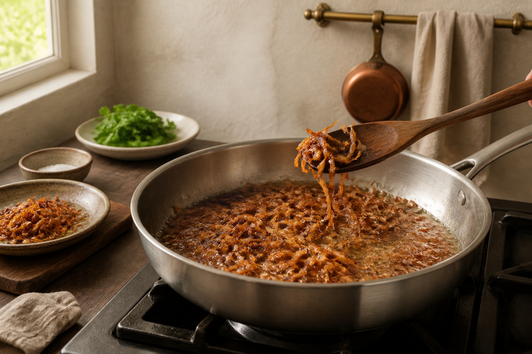 Step 1: paper-thin sliced onions frying in shallow oil in a wide kadai, turning deep gol
