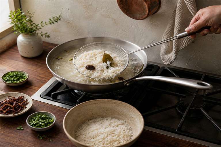 Step 4: long basmati grains being lifted from boiling spiced water with a spider straine