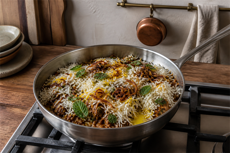Step 5: a heavy handi with layered biryani, saffron-streaked white basmati on top of dar
