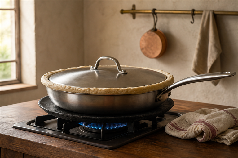 Step 8: a sealed handi sitting on a flat cast iron tawa over a low gas flame, dough rope