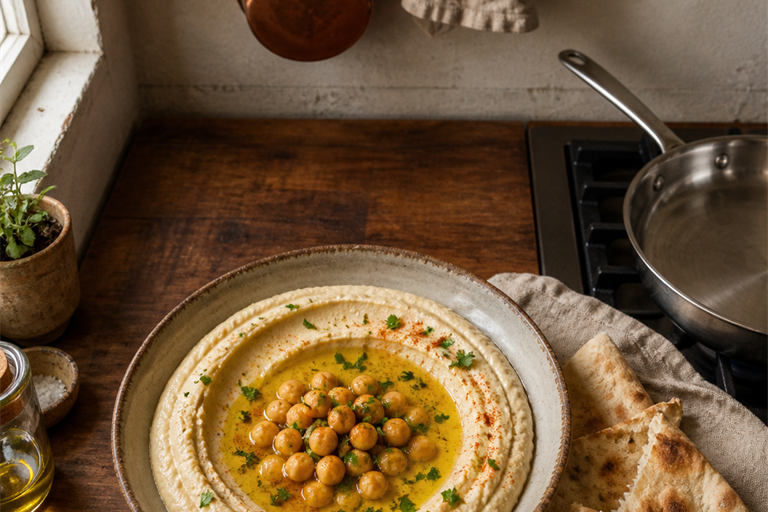 close-up top-down of a shallow ceramic bowl of Lebanese hummus, deep well in the centre pooled with 
