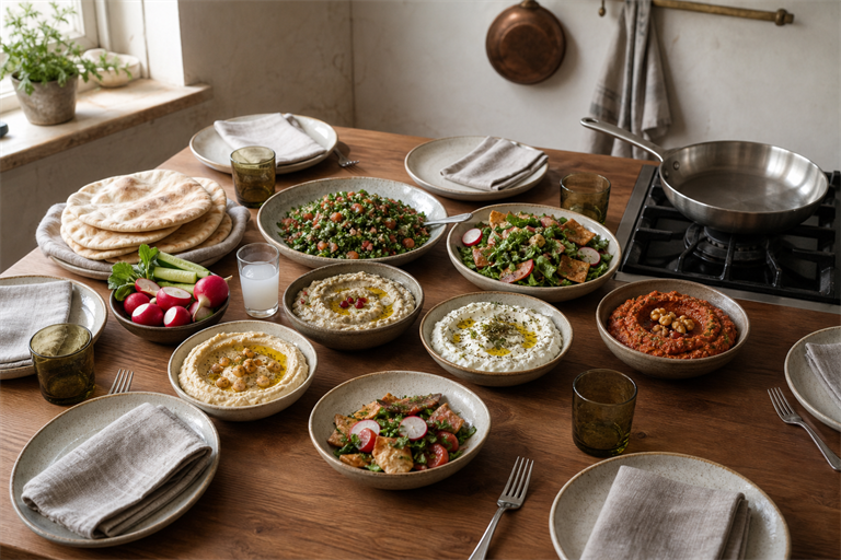 overhead editorial photograph of a full Lebanese mezze table set for six people, small ceramic bowls