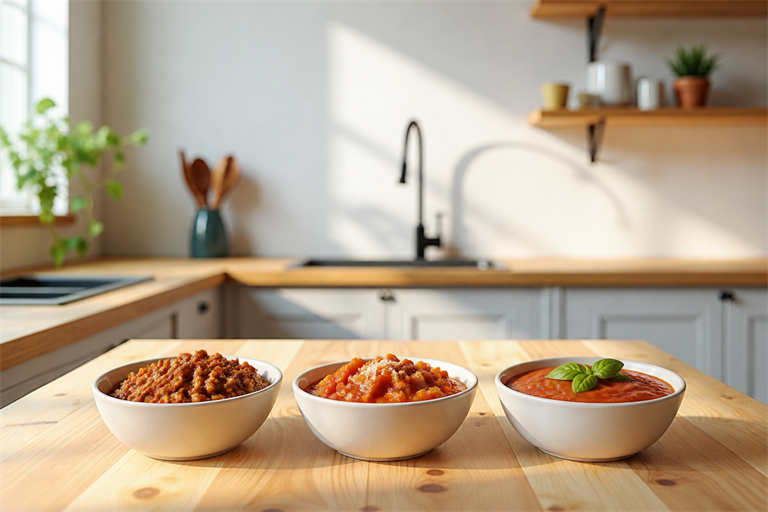 Three small white ceramic bowls arranged in a row on a warm walnut counter, one holding meaty Bologn