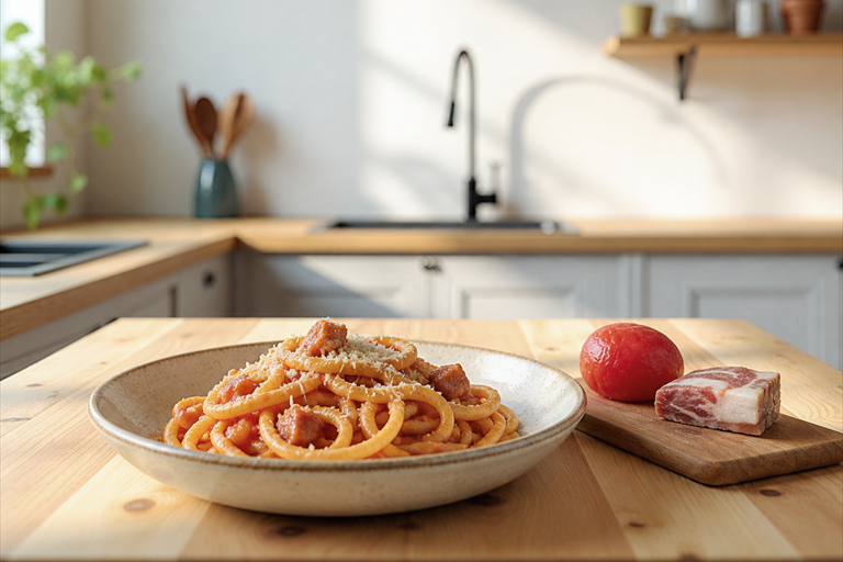 Overhead photograph of a plate of bucatini all'amatriciana on a rustic cream ceramic dish, thick str