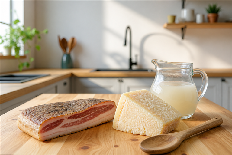 Close-up still life on a warm walnut counter of a thick slab of guanciale with its rosy stripe of me