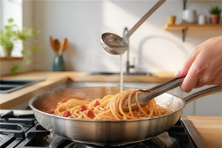 A hand tossing spaghetti in a wide steel pan with a small ladle of starchy pasta water pouring in, g